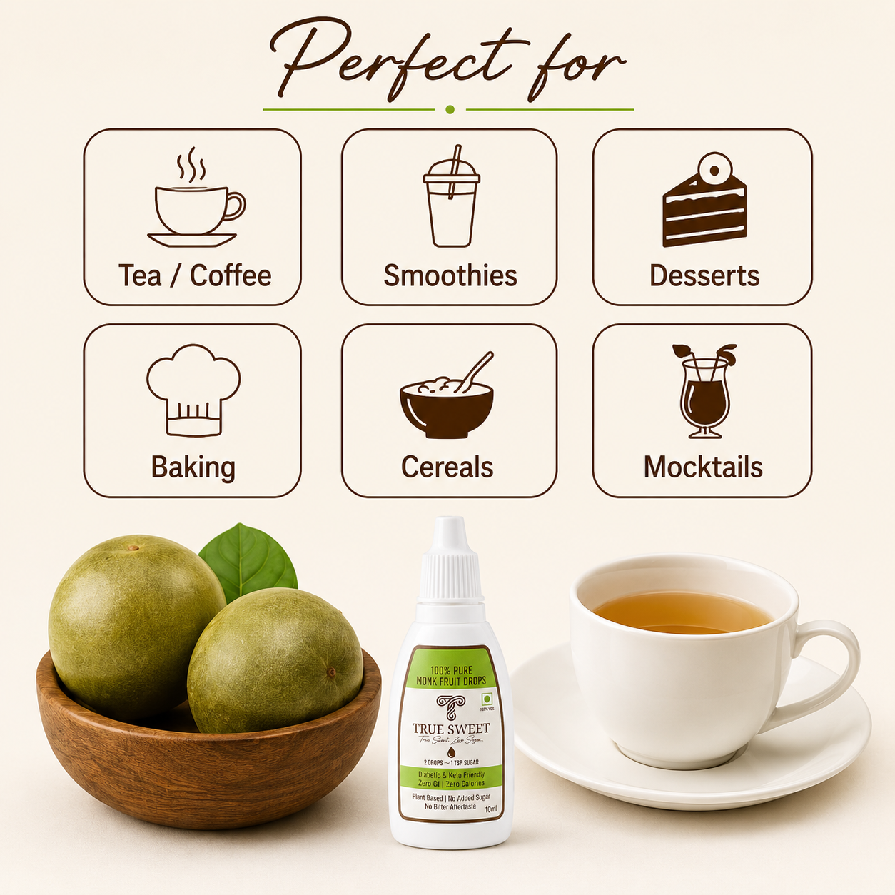 True Sweet 100% Pure Monk Fruit Drops | Zero Calories | Zero GI | No Sugar | 10ml