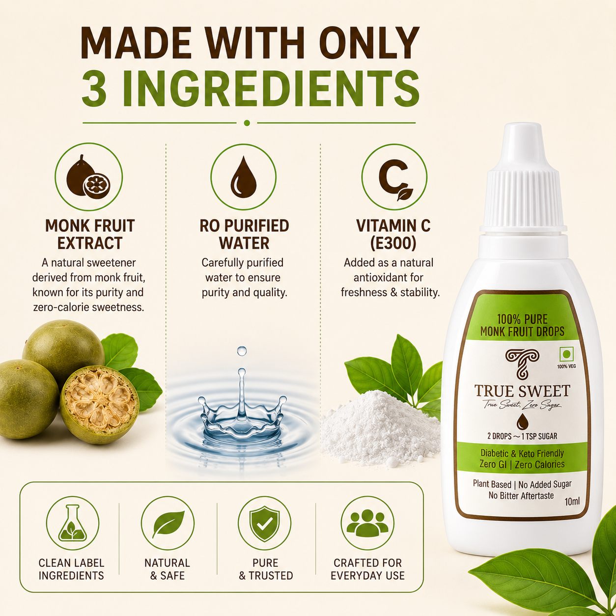 True Sweet 100% Pure Monk Fruit Drops | Zero Calories | Zero GI | No Sugar | 10ml