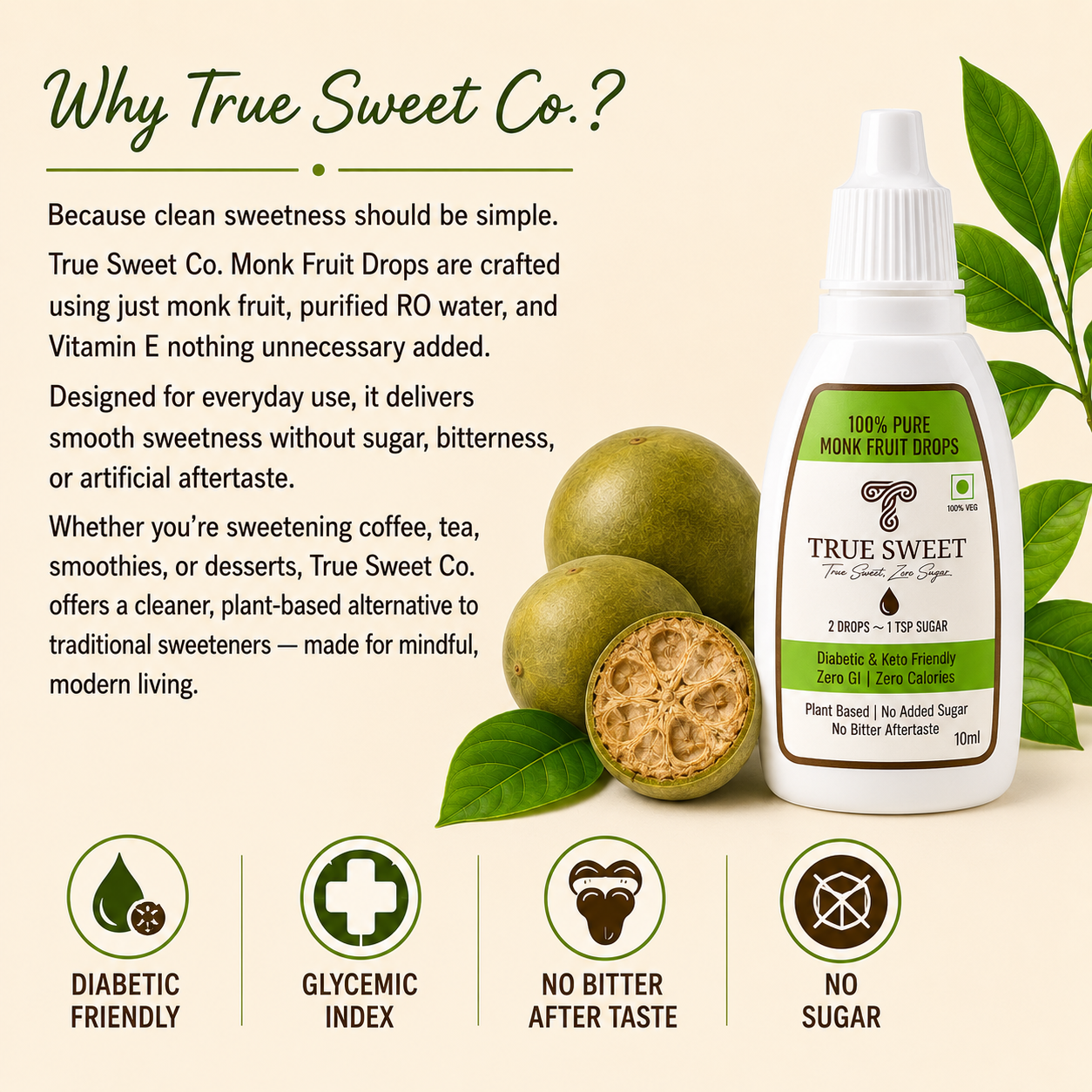 True Sweet 100% Pure Monk Fruit Drops | Zero Calories | Zero GI | No Sugar | 10ml