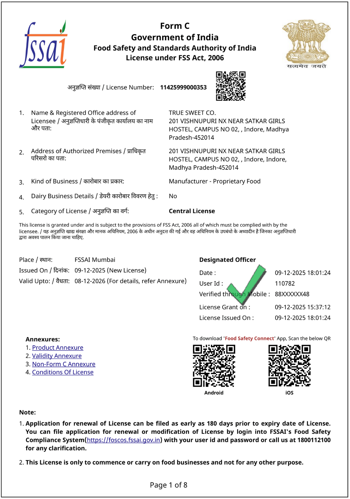 License document from the Food Safety and Standards Authority of India with various details and logos.
